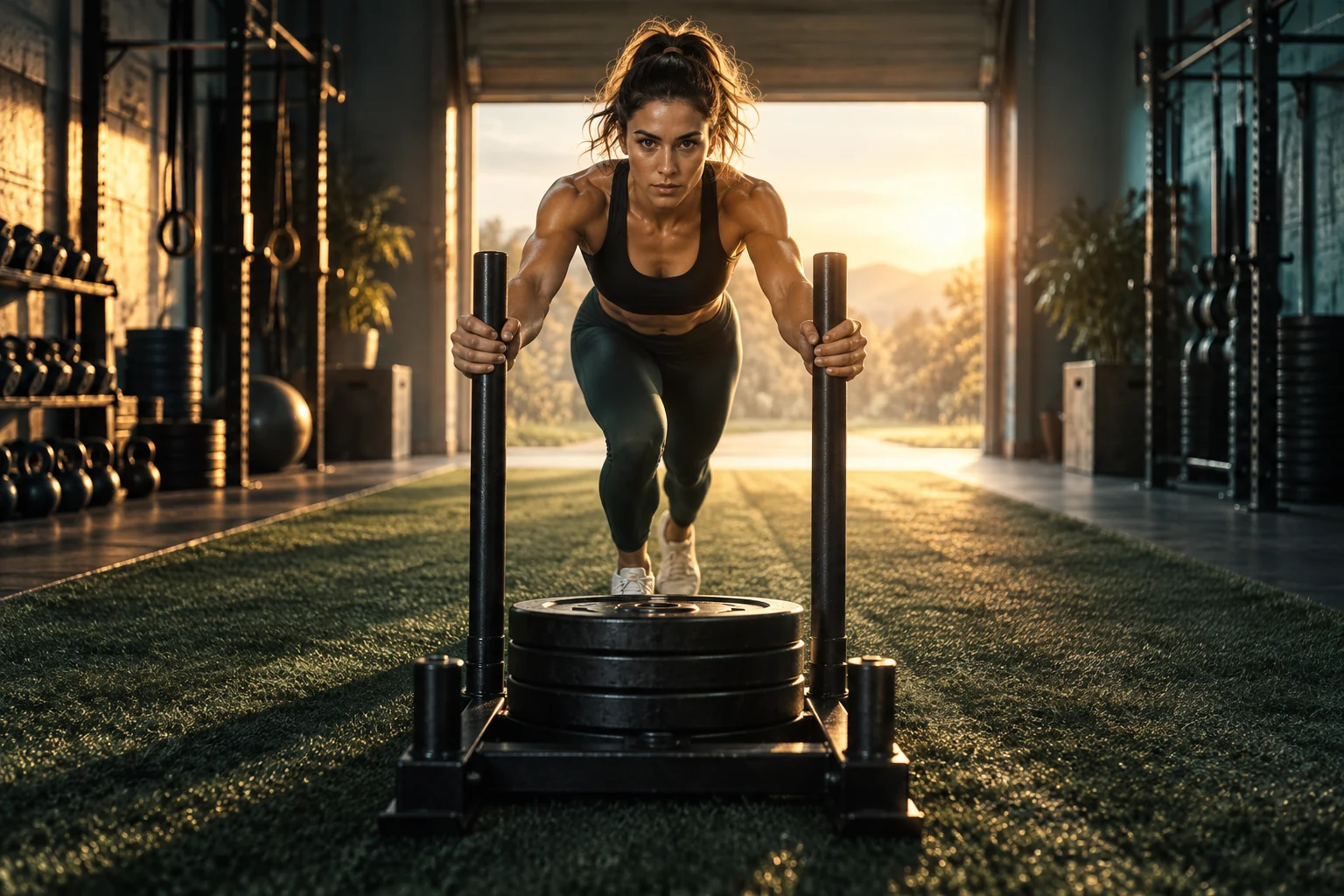 Illustration of an athlete driving a training sled toward the sunlight