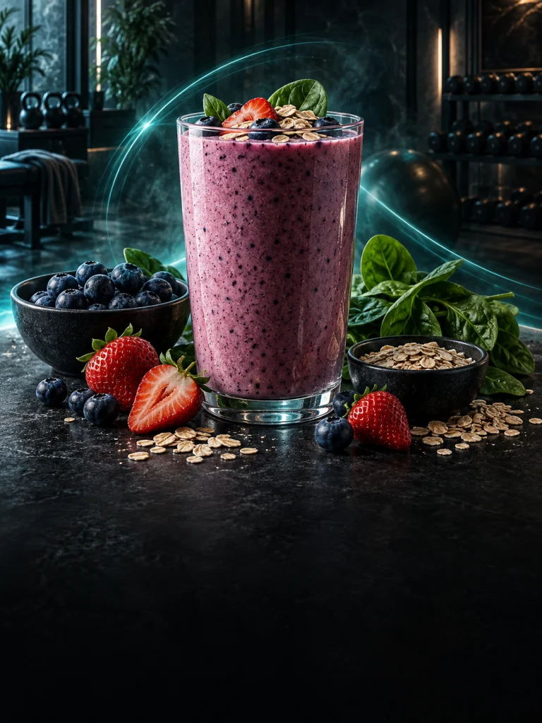 Cinematic illustration of a berry protein smoothie and fresh ingredients