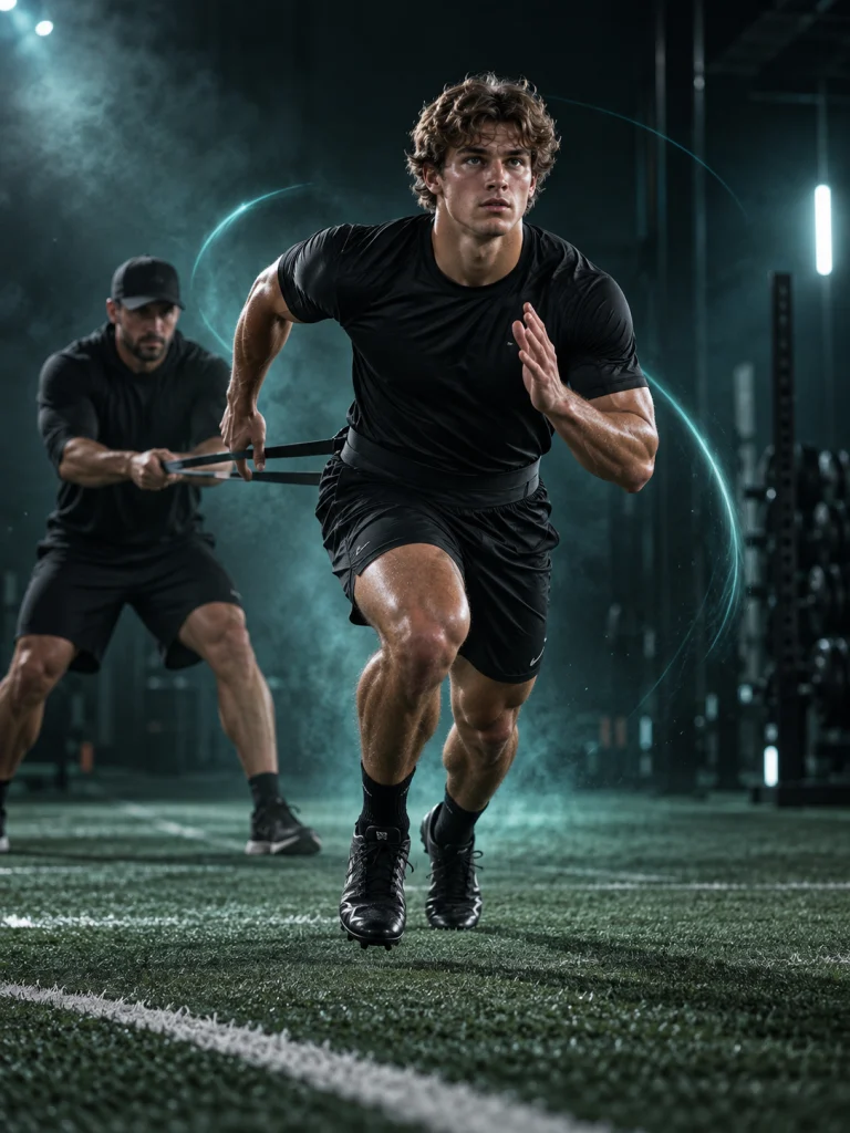 Cinematic illustration of a high school football recruit training for SEC-level competition