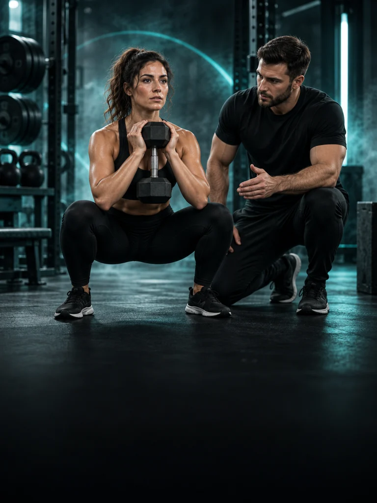 Cinematic illustration of coached dumbbell strength training